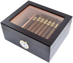 Premium Cigar Humidor - Holds 25-50 Cigars, Spanish Cedar Wood with Ebony Black Finish, Shatter-Resistant Glass Top, Built-In Hygrometer, Humidifier & Divider Included - 10.25" x 8.75" x 4.5" - Image 3