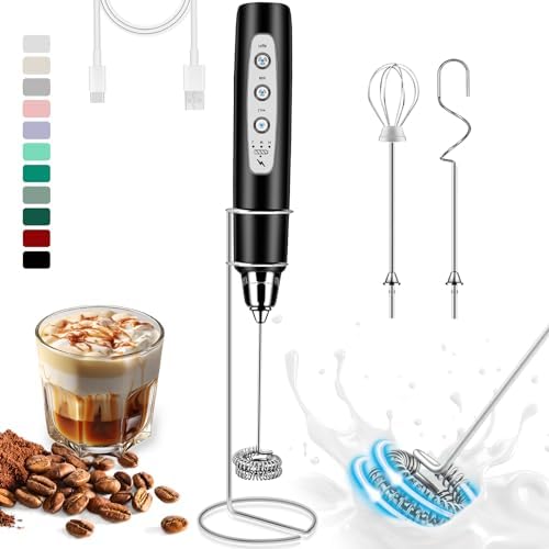 Rechargeable Milk Frother Handheld with Stand, Electric Foam Maker Coffee Frother Wand, Detachable With 3 Stainless Whisks, Drink Mixer for Lattes, Cappuccino, Matcha, Egg, Black by Unknown