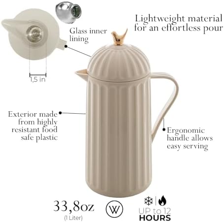 WOLFF 1 Liter White Bird Thermal Coffee Carafe, Plastic Exterior with Glass Lining Insulated Beverage Dispenser for Hot and Cold Drinks, Thermos Bottle for Tea, Water Pitcher - White, 34floz/1L - Image 2