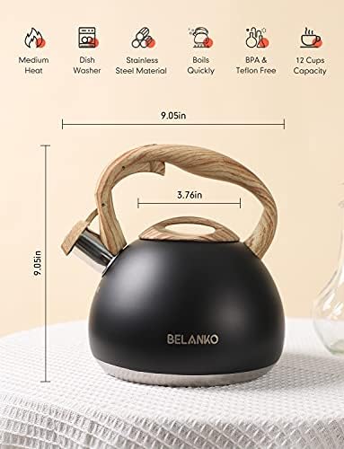 BELANKO 2.7 Quart Tea Kettle for Stovetops - Food Grade Stainless Steel Teapot with Loud Whistle, Cool-Touch Wood Pattern Handle, Rust-Resistant Whistling Kettle - Matte Black - Image 5