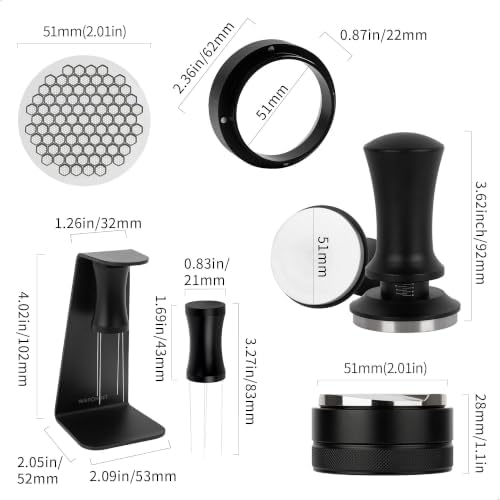 Watchget 5 PCS 51mm Espresso Accessories Kit - Constant Pressure Tamper, Adjustable 3-Blade Distributor, Honeycomb Puck Screen, Magnetic WDT Tool with Stand & Magnetic Dosing Funnel - Image 2
