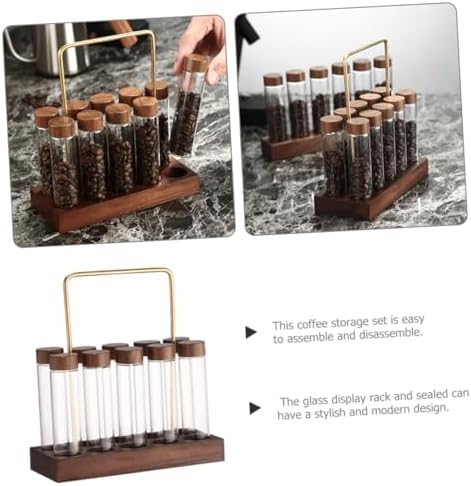 Glass Coffee Bean Storage Tubes with Wood Brass Stand Set - Image 3