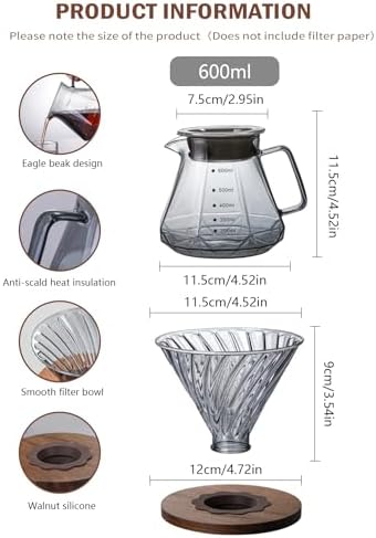 Hand Brewed Glass Coffee Pot with Cover, 400ml / 600ml Glass Pour Over Coffee Maker, Glass Pour Over Coffee Maker with Coffee Dripper for Home, Office (600ml) - Image 2
