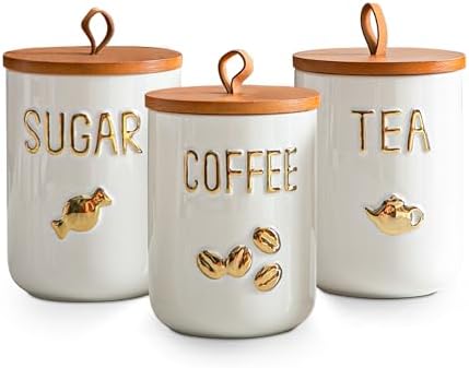 White Ceramic Canister Set for Coffee Tea Sugar, 3-Piece Food Storage Jars with Wood Airtight Lids, Decorative Small Container for Kitchen Pantry Counter - 25oz by Sowlvenco