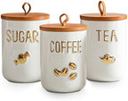 White Ceramic Canister Set for Coffee Tea Sugar, 3-Piece Food Storage Jars with Wood Airtight Lids, Decorative Small Container for Kitchen Pantry Counter - 25oz by Sowlvenco