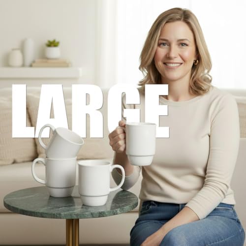 Stackable Porcelain Coffee Mug Set of 4 – 20oz Jumbo Capacity, Space-Saving Ceramic Mugs with Large Handle for Kitchen & Coffee Bar, Microwave & Dishwasher Safe Modern Home Gift - Image 3