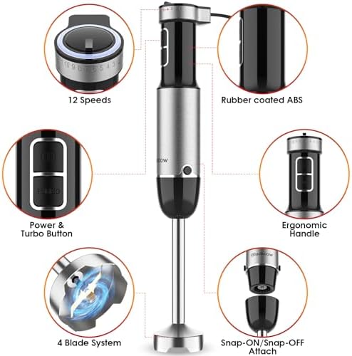 Immersion Blender Handheld for Kitchen,Emulsion Blender Handheld with Titanium Blades,12 Speed Electric Hand Mixer with BPA Free Attachments:Chopper Bowl,Whisk,Milk Frother,Measuring Cup - Image 2
