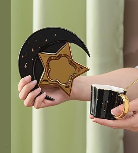Ceramic Black Star Moon Coffee Cup And Saucer With Spoon Set Golden Handle Porcelain Mug Afternoon Tea Juice And Water Drinks Cup (black) (3213-D) by Unknown