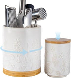 TEATALK Vintage Ceramic Utensil Crock Set, Airtight Lid & Rotating Base for Countertop, Farmhouse Kitchen Organizer, Large and Small Dark Blue Crocks in White Garden Pattern, 7.7"+5.7" by TEATALK
