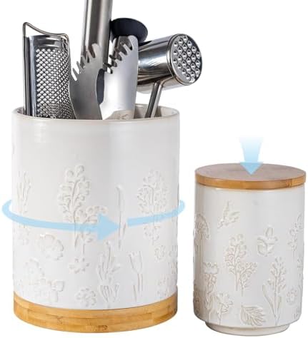TEATALK Vintage Ceramic Utensil Crock Set, Airtight Lid & Rotating Base for Countertop, Farmhouse Kitchen Organizer, Large and Small Dark Blue Crocks in White Garden Pattern, 7.7"+5.7" by TEATALK