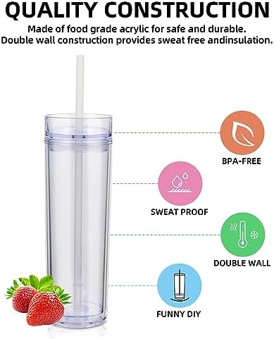 Volhoply 16oz Plastic Skinny Tumbler with Lid and Straw Bulk 10 Pack,Insulated Double Wall BPA Free Matte Acrylic Tumblers,Iced Coffee Travel Reusable Party Cup,Customizable Diy Gifts(Clear,10 Set) - Image 3
