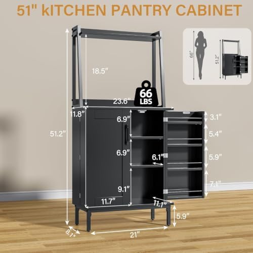 kepptory 51" Kitchen Baker's Rack with Storage, Microwave & Toaster Oven Stand, Freestanding Coffee Bar Station with Wine Glass Holder & Side Storage Shelves, Black - Image 2