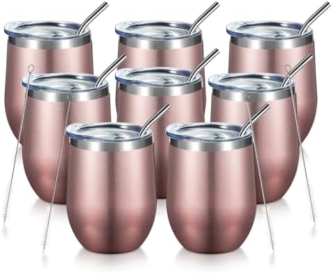 COMOOO Rose Gold Stainless Steel Wine Tumbler Bulk with Lid and Straw 12oz Double Wall Vacuum Insulated Tumbler Cup Stemless for Hot and Cold Drinks, Coffee, Wine, Cocktails Rose gold, 8 Pack by COMOOO