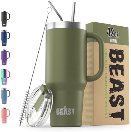 Beast 42 oz Tumbler with Handle Stainless Steel Vacuum Insulated Coffee Ice Cup Double Wall Travel Flask (Army Green) by GreensSteel