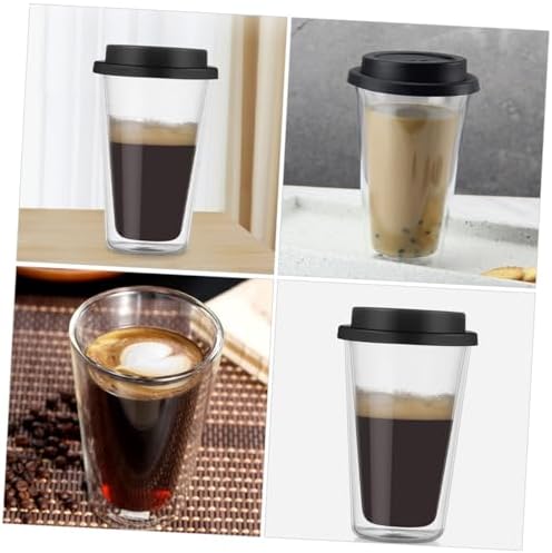 KICHOUSE Glass Coffee Mug with Silicone Lid 350ml Black Double Wall - Image 2
