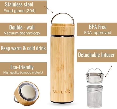 Bamboo Water Bottle Insulated Tea Tumbler for Men Birthday Gift, Women Travel Tea Set with Diffuser for Loose Tea Leaves, Stainless Steel Leak Proof Gift for Mom (15 oz) - Image 3