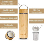 Bamboo Water Bottle Insulated Tea Tumbler for Men Birthday Gift, Women Travel Tea Set with Diffuser for Loose Tea Leaves, Stainless Steel Leak Proof Gift for Mom (15 oz) - Image 3