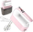 Yomelo 9-Speed Digital Hand Mixer Electric, 400W Powerful DC Motor, Hand Mixer Electric Handheld with Snap-On Storage Case, 5 Stainless Steel Accessories, Beaters, Dough Hooks, Whisk(Pink/White) by Yomelo
