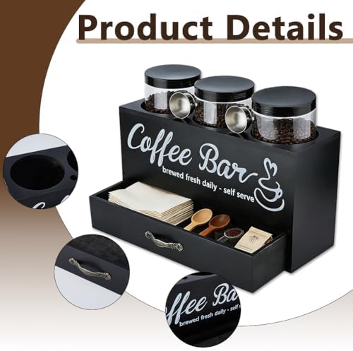 DICOSMETIC 1Set Wood Coffee Bar Container Black Coffee Bean Canister Storage Station with Shelf Coffees Storage Box with Drawer for Spoon Jar Nuts Sugar Kitchen Home - Image 4