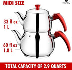 Hakan Stainless Steel 2.8 L, 93 Oz, Midi Double Bondy Tea Pot Set with Self Strainer Double Lids, Turkish Samovar Style Teapot Set, Tea Kettle for Loose Leaf Tea with Red Bakelite Handle 2.9-Quart - Image 2