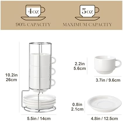 MALACASA 4 OZ Porcelain Espresso Cups with Saucers and Metal Stand Set of 4, Stackable Cappuccino Cups, White Expresso Shots Cup Set for Coffee Drinks, Latte, Tea - Image 2