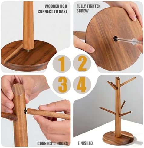 Coffee Mug Tree 6-Hook,Acacia Wood Mug Holder Countertop - Image 3