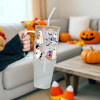 Halloween Ghost Holding Books 40oz Glass Tumbler with Handle, Lid and Straw - Image 5