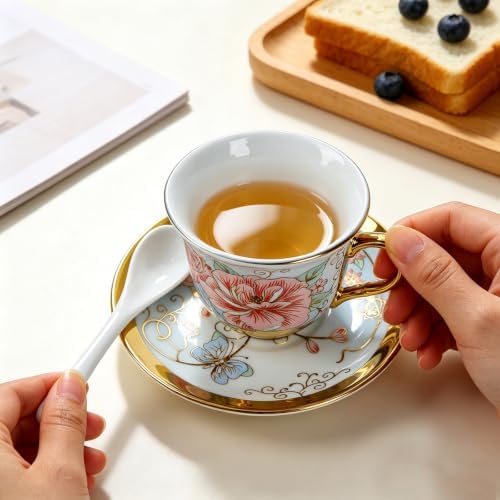 20-Piece Porcelain Tea Sets for Adults, Includes Tea Cups and Saucers, Teapot, Spoons & Metal Rack, Elegant Ceramic Tea Set for Women, Wedding & Home Decor (Blue and Pink) - Image 4