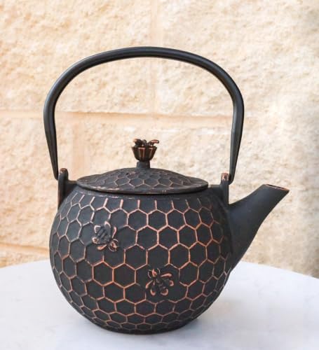 Ebros Gift Traditional Oriental Tetsubin Bronze Bees With Honeycomb Design Large 60oz Cast Iron Teapot With Enameled Interior And Strainer Asian Japanese Chinese Fusion Housewarming Tea Pot Accent by EbrosGift