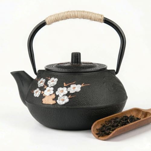 Japanese Style Tea Pot Kettle Tetsubin Gift Cast Iron Teapot with Stainless Steel Infuser for Stovetop Safe Coated Plum Blossom & Bamboo Pattern 650ml/22oz (Blossom & Bamboo (22oz)) by YihoNoble-Majorinbaking