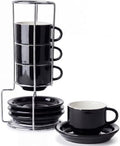 Sweese 2.5 Ounce Porcelain Stackable Espresso Cups with Saucers and Metal Stand Set of 4, Black by Sweese