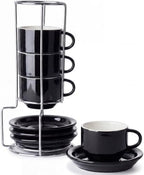 Sweese 2.5 Ounce Porcelain Stackable Espresso Cups with Saucers and Metal Stand Set of 4, Black by Sweese