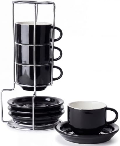 Sweese 2.5 Ounce Porcelain Stackable Espresso Cups with Saucers and Metal Stand Set of 4, Black by Sweese