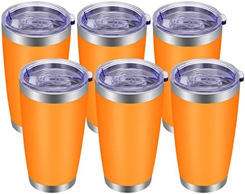 VEGOND 20oz Tumbler with Lid and Straw Stainless Steel Tumbler Cup Bulk Vacuum Insulated Double Wall Travel Coffee Mug Powder Coated Coffee Cup, Orange, 6 Pack by VEGOND