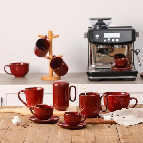 vicrays 6.5 oz Cappuccino Cups with Saucers, Set of 4, Ceramic Coffee Cup for Au Lait, Double shot, Latte, Cafe Mocha, Tea (Cherry Red) - Image 7