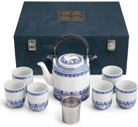 Jingdezhen Blue and White Ceramic Tea Set, Traditional Chinese Porcelain Teaset with 1 Teapot, 6 Teacups, Ceramic Tray, Stainless Steel Infuser & Gift Box by Unknown