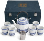 Jingdezhen Blue and White Ceramic Tea Set, Traditional Chinese Porcelain Teaset with 1 Teapot, 6 Teacups, Ceramic Tray, Stainless Steel Infuser & Gift Box by Unknown