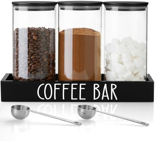 Glass Coffee Canister for Ground Coffee - 3Pcs 45oz Coffee and Sugar Container Set with Airtight Bamboo Lids and Black Tray - Farmhouse Coffee Bean Storage Jars for Coffee Bar Decor and Accessories by OUTNILI