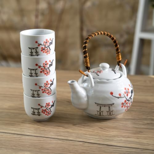 Urban Tokyo Japanese Cherry Blossom Torii Gate Design Tea Set, 22 oz Ceramic Teapot with 4 Cups, White with Bamboo Handle - Image 3