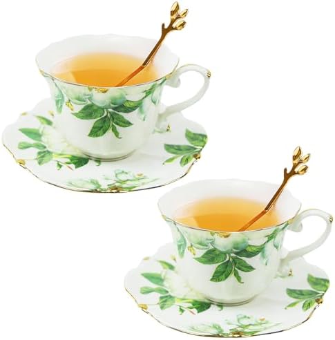 Country Roses Porcelain Tea Cup and Saucer Set with Gold Trim, Vintage Style, For Women and Tea Parties (2, Green) by Unknown