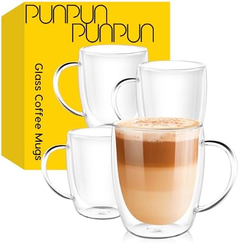 PunPun 12.9OZ. 380ml Clear Coffee Mugs, Glass Cups for Latte, Double Wall Glass with Big Handle, Clear Mugs for Iced Coffee or Hot Beverages, Espresso Cups Each Set of 4 by PunPun