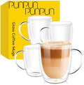PunPun 12.9OZ. 380ml Clear Coffee Mugs, Glass Cups for Latte, Double Wall Glass with Big Handle, Clear Mugs for Iced Coffee or Hot Beverages, Espresso Cups Each Set of 4 by PunPun