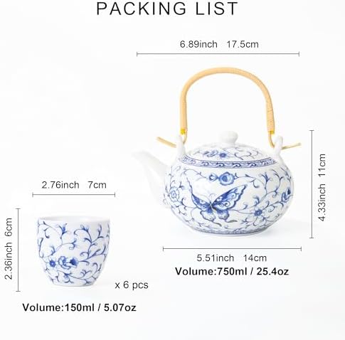 fanquare Chinese Blue and White Porcelain Tea Set with 1 Teapot Set, 6 Tea Cups, Butterfly Pattern Asian Japanese Tea Sets for Adults - Image 6