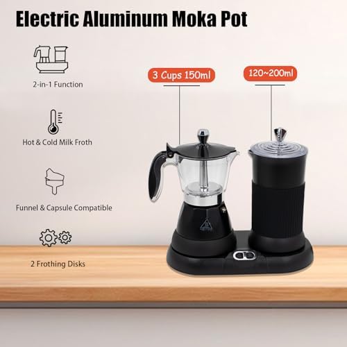 Espresso Maker with Milk Frother Electric Moka Pot 2-in-1 Espress Machine Aluminium One-Touch Operation Milk Froth Fine and Dense Black 110V - Image 3