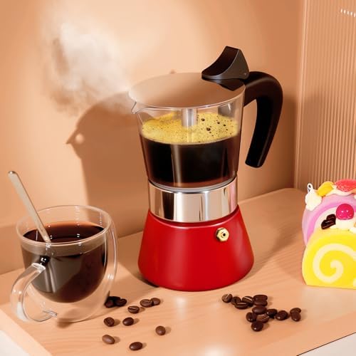 4 Cup 200ml Glass Moka Pot, Stovetop Espresso Maker, Red - Image 6
