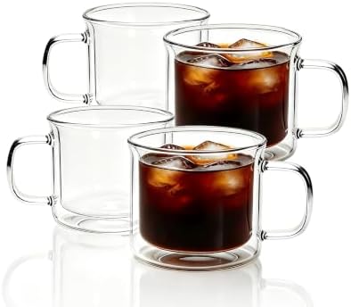 Double Walled Glass Coffee Mugs, 8.5oz Insulated Coffee Cups with Handle, Clear Espresso Mugs, Set of 4 by Unknown