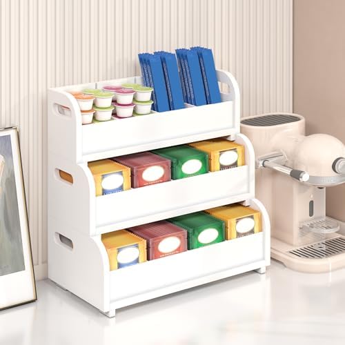 3-Tier Bamboo Tea Bag Organizer, Stackable Tea Holder for Countertop, White by Wisuce