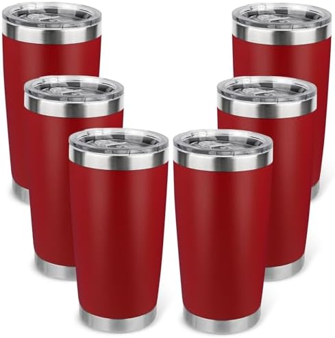 20oz Stainless Steel Tumbler Bulk with Lid, Travel Mug - Double Wall Vacuum Powder Coated Cup - Red, 6 Pack by Unknown