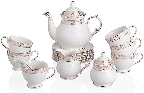 Sweejar 21 Pieces Porcelain Tea Set, Vintage Gold Trimmed Teapot Cup and Saucer Set, Tea Cup for Loose Tea, Sugar Bowl and Creamer Pitcher with Spoons, Service for 6(Classic Gold) by Sweejarco1949