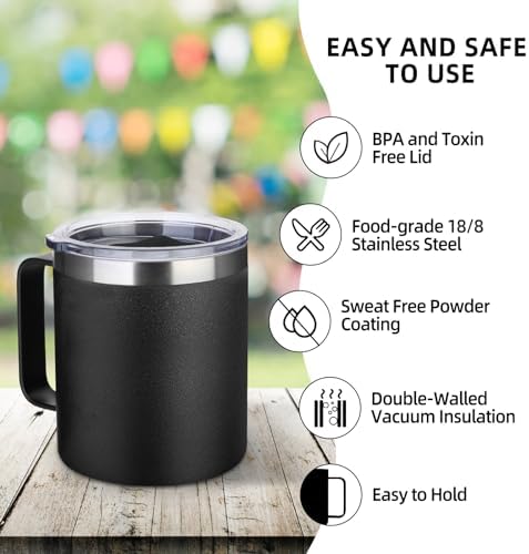 Volhoply 14oz Insulated Stainless Steel Coffee Mug with Lid Bulk 4 Pack,Double Wall Vacuum Travel Coffee Cup with Handle,Reusable Metal Cups Tumbler,Camping Mugs Keep Hot,Ideal Gifts(Black,4) - Image 4
